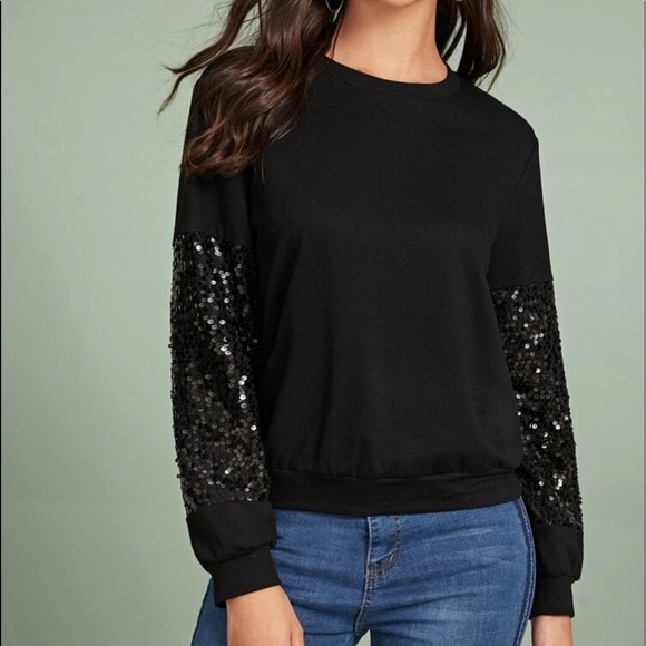 Tops - Contrast sequin sleeve pullover - black